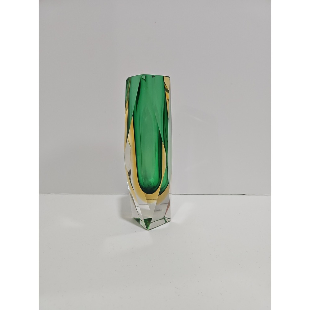 Vintage Murano Sommerso Faceted Art Olive Green Glass Vase 8" Tall - Picture 6 of 10